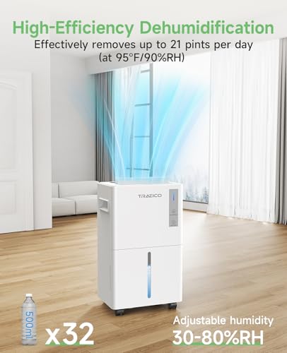 Trazico 21 Pint Dehumidifier for Large Room Basement White Smart Humidity Control
