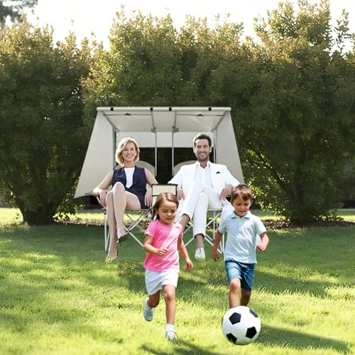 Double Portable Picnic Chair with Canopy White for Outdoor Activities, Folding Two-Person Seat, Beach and Lawn Shade