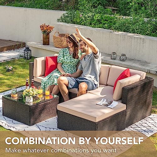 Devoko All Weather Outdoor Sectional Patio Sofa Sets for Patio Use with Cushion and Glass Table (Beige)
